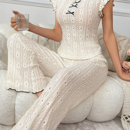 Elegant Women'S Lace Hollow Pajama Set with Contrast Trim and Bow Detail - Short Sleeve, Round Neck, Summer Sleepwear for Adults, Comfortable Polyester Blend, Perfect for Relaxing at Home, Summer Sleepwear | Contrast Trim Des