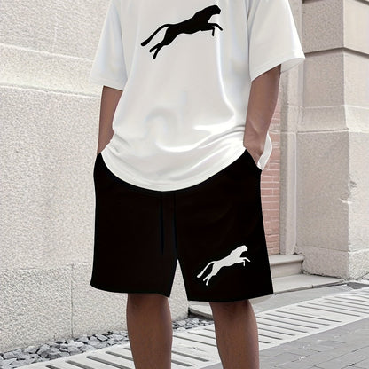 Leopard Print 3D Printed Men's Casual Sportswear Set - Breathable Polyester Knit Fabric, Crew Neck Short Sleeve T-Shirt and Shorts Combo, Regular Fit for All Seasons