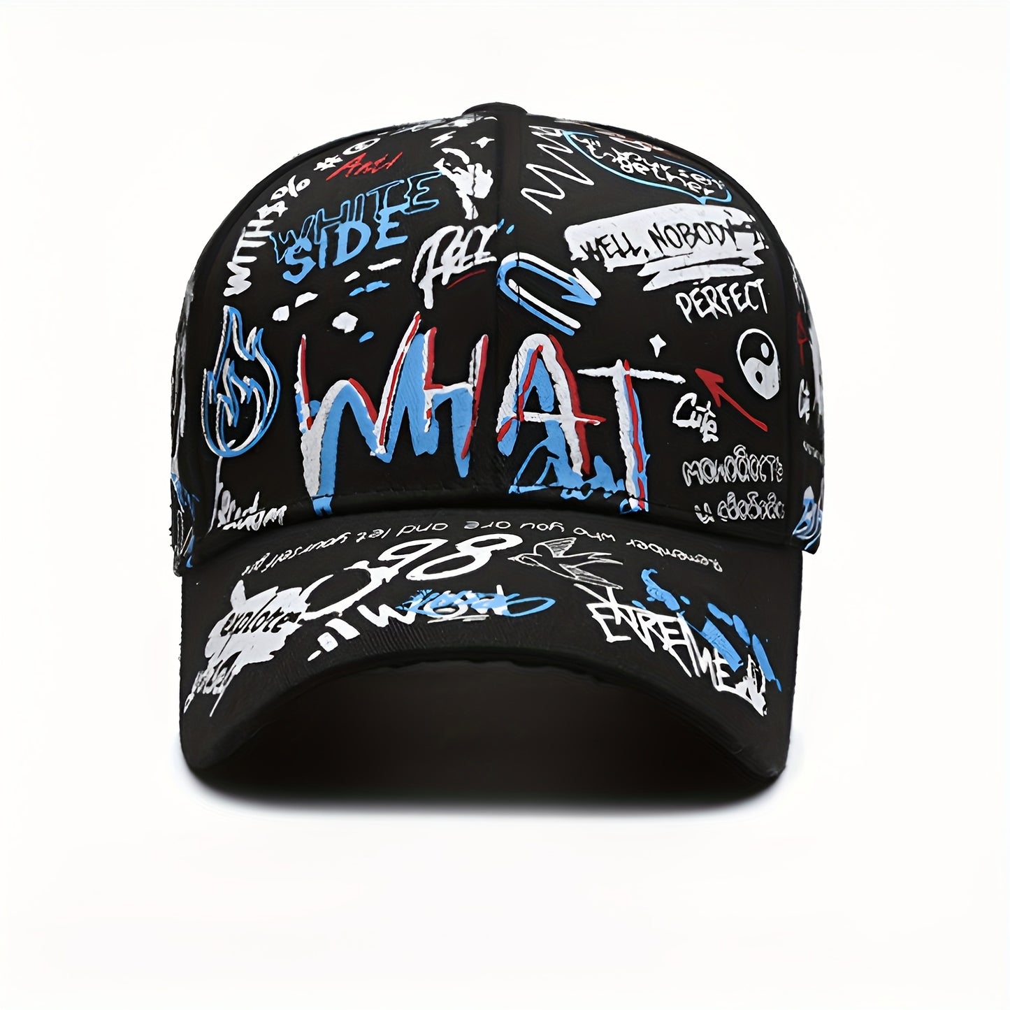 Stylish baseball cap with cool graffiti letter print, hard top, trendy hip-hop design, versatile sun protection hat for both European and American styles, available in 4 colors