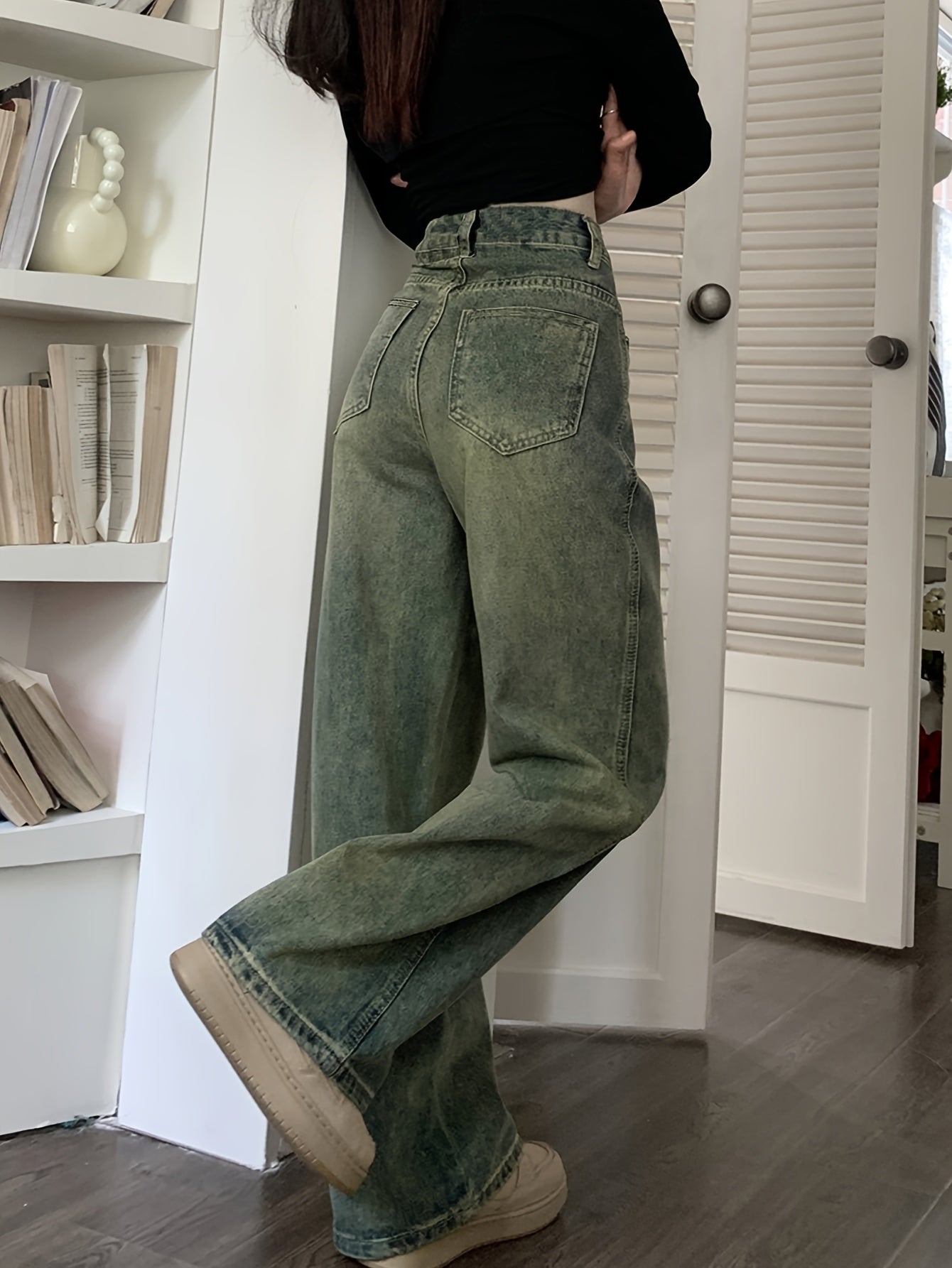 Women's Fashion Wide Leg Jeans, Casual High-Waisted Denim Pants with Pockets, All-Season Solid Color, Comfortable Slimming Design, 54.10% 35.10% Polyester 9.50% Viscose 1.30% Elastane