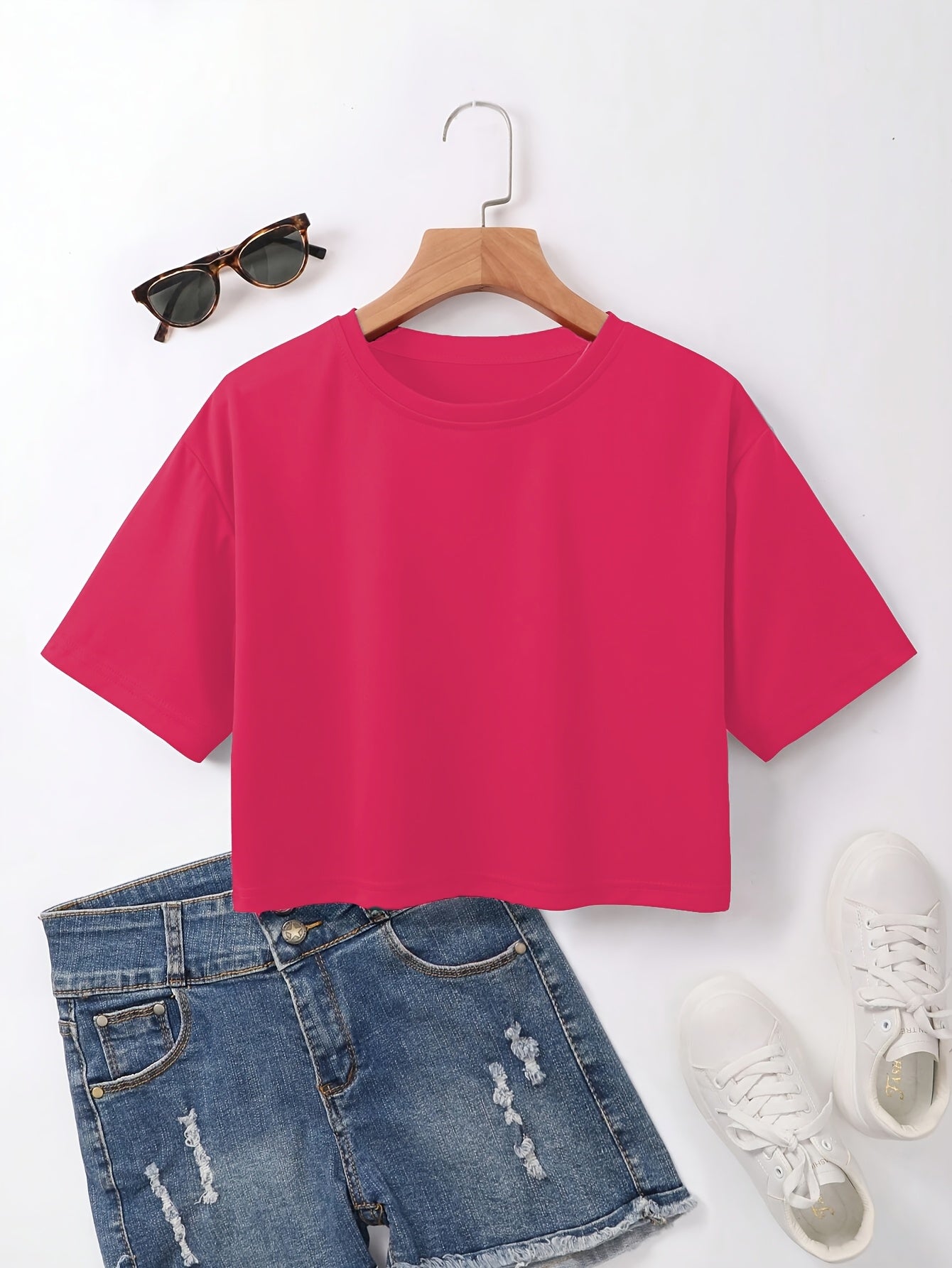 Women's Red Crop Top T-Shirt - Casual Short Sleeve, Loose Fit, Solid Color, Polyester, Machine Washable, Round Neck - Perfect for Summer