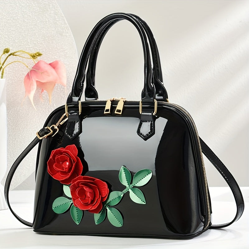 INCK KMCRK Women'S Elegant Black Tote Bag with Golden-Tone Hardware & Floral Embellishments - Large Capacity, Removable Shoulder Strap, Zipper Closure, Polyester Lining - Perfect for Spring/Summer, Casual & Formal Occasions,