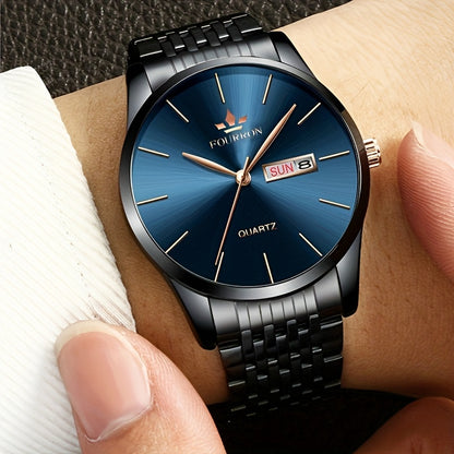 An Ideal Choice For A New FOURRON Brand Men's Luxury Stainless Steel Strap Simple Dial Quartz Watch With Date Calendar, Trendy Fashion Sports Casual Lifestyle Travel Multi-function Watch, Ideal For Friends' Birthdays, Holiday