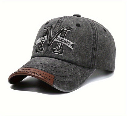 1pc Vintage Washed Cotton Baseball Cap with Embroidered Letter "M" - Adjustable Snapback, Lightweight Sun Hat for Men & Women, Black with Brown Band, Adjustable Baseball Cap