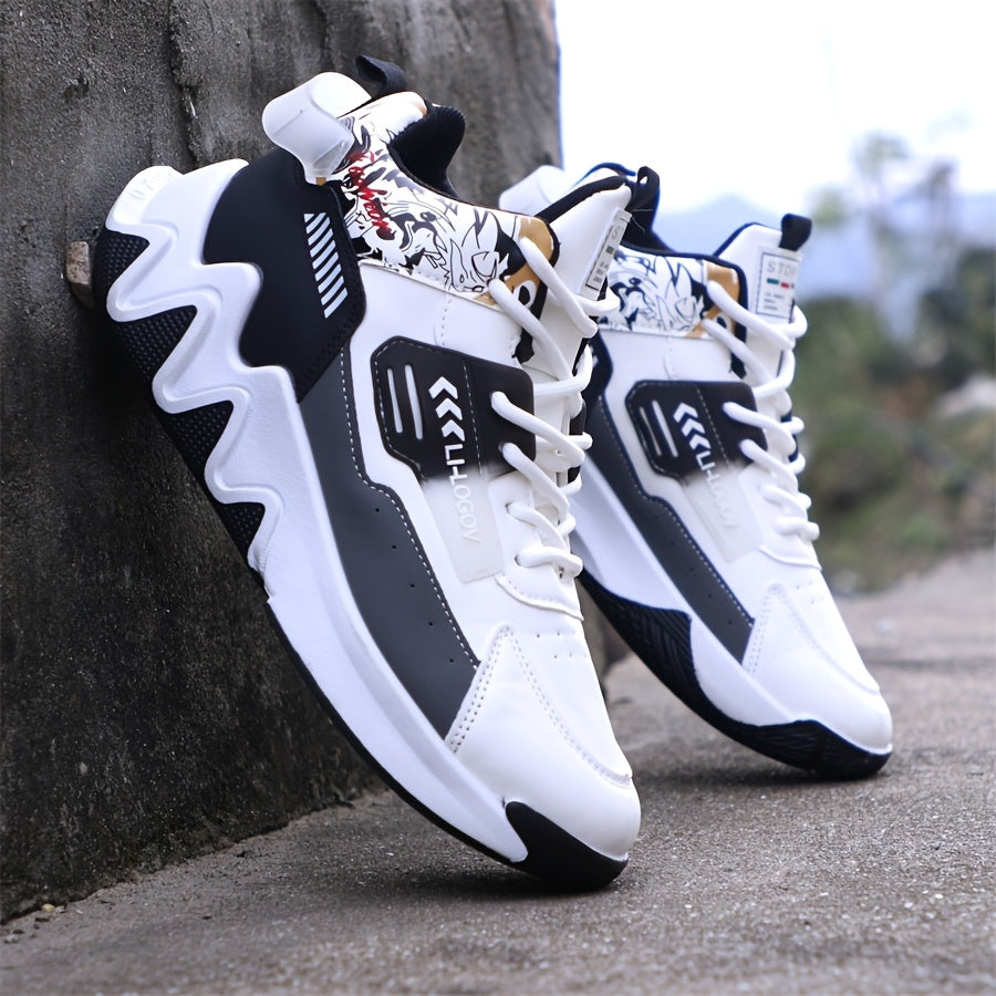 Men's High-Top Basketball Sneakers, Preppy Street Style, Solid Color with Cartoon & Stripes, All-Season Lace-Up Sports Shoes, Faux Upper, Fabric Inner, Rubber Sole, for Running, Hiking & Casual Wear, Outdoor Activities Shoes