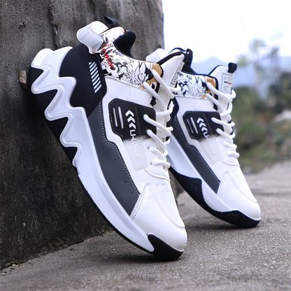 Men's High-Top Basketball Sneakers, Preppy Street Style, Solid Color with Cartoon & Stripes, All-Season Lace-Up Sports Shoes, Faux Upper, Fabric Inner, Rubber Sole, for Running, Hiking & Casual Wear, Outdoor Activities Shoes