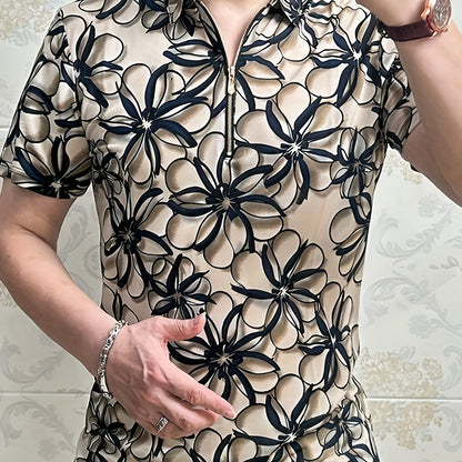 Men'S Lightweight Floral Print Short Sleeve T-Shirt - Stylish Black & Beige Business Casual Top with Zipper Detail, Regular Fit for Summer, Summer Casual Wear | Modern Casual Style | Stylish Button Details
