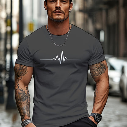 Men'S Brown T-Shirt with ECG Heartbeat Graphic - Casual Streetwear, Short Sleeve, Round Neck, Stretch Fabric, All-Season Comfort, Casual Streetwear Tee | Round Neck Tshirt | Comfortable Fit