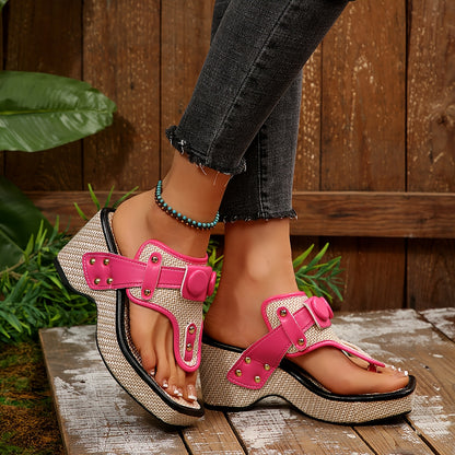 Women's Thick Platform Wedge Sandals with Metallic Studs - Slip-On Square Toe Breathable Fabric Upper & Cushioned Rubber Sole for Casual Comfort, Comfortable Footwear, Chic Shoe Design, Durable Traction Footwear