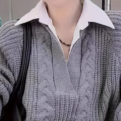 2 In 1 Contrast Color Collared Sweater, Chic Cable Knit Long Sleeve Polo Sweater For Fall & Winter, Women's Clothing