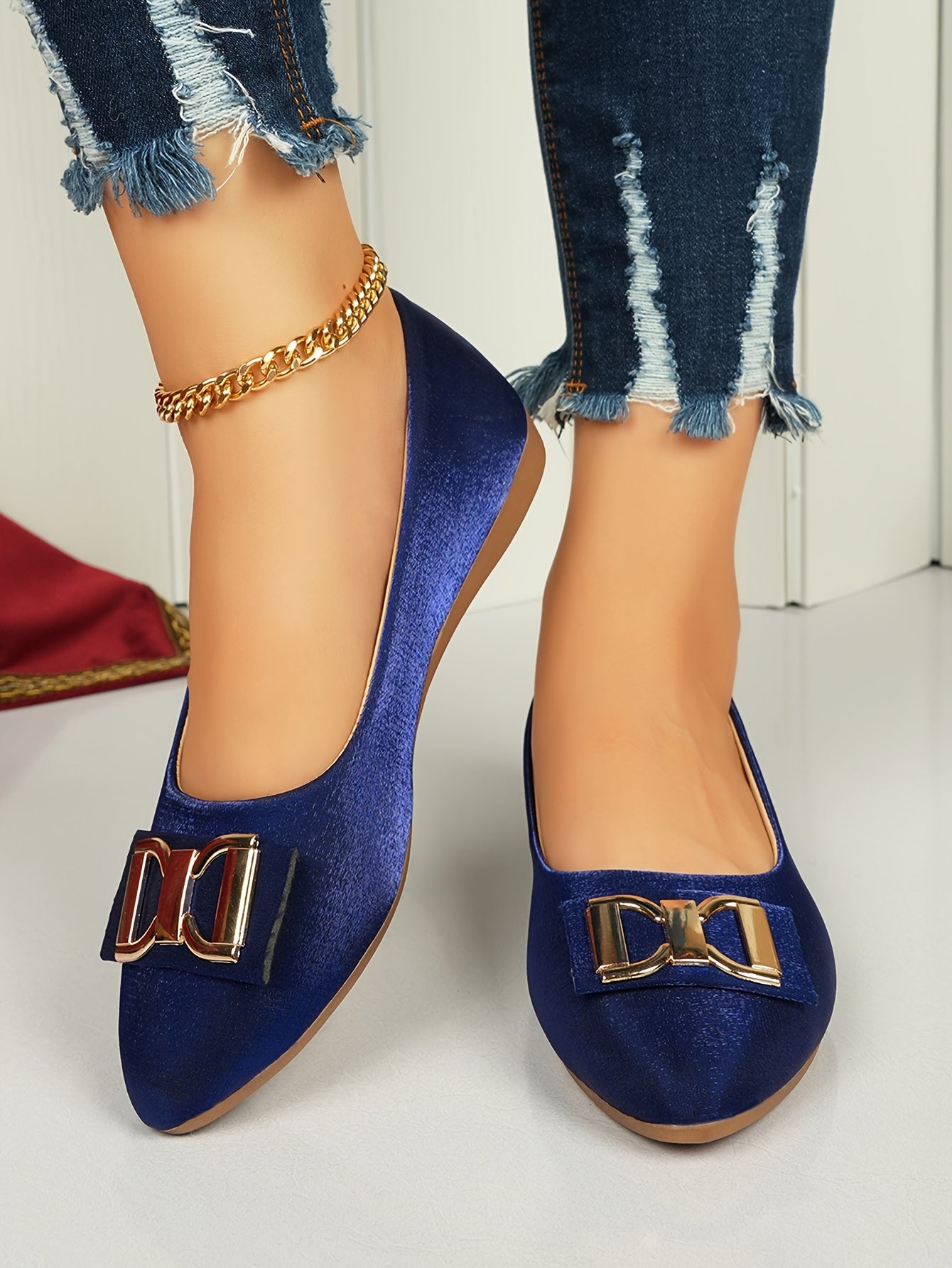 Women's Elegant Red Slip-On Flats with Golden Double Buckle Design - Comfortable Faux Cover Shoes for All Seasons, Pointed Toe Rubber Sole, Perfect for Casual or Dressy Occasions, Dressy Flats | Buckle Embellished Shoes | Lux