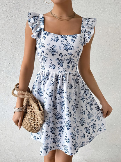 Flowing Silhouette, Elegant Women's Floral Print Dress with Ruffle Sleeves and Tie-Back Detail - Chic Beachwear for Spring/Summer, Light Blue with White Flowers, Polyester Blend, Beachwear Dress|Aline Silhouette|Smooth Glossy