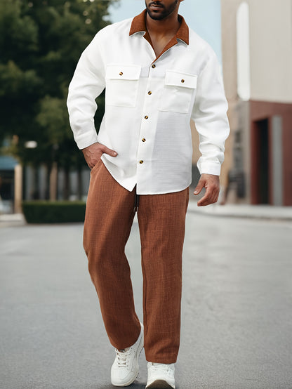 New Autumn And Winter Two-Piece Set Featuring a Color-Blocked Long-Sleeve Shirt with a Suit Collar And Straight-Leg Casual Trousers.