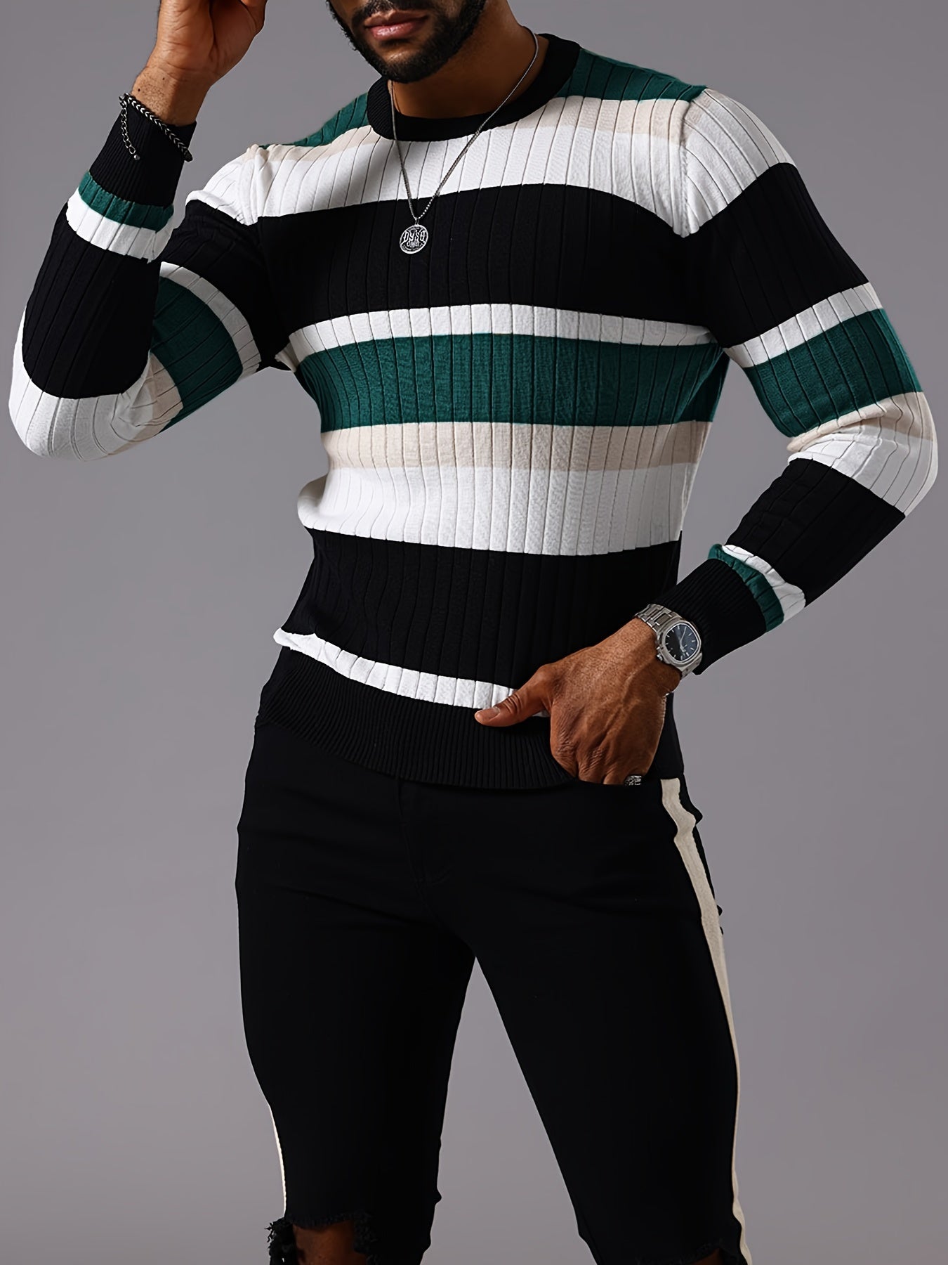 Men's Striped Color-Block Ribbed Knit Sweater - Long Sleeve Round Neck Pullover with Elastic Comfort Fit, Machine Washable Casual Fall Winter Top in Black/White/Green/Beige, Knit Sweater, Medium Elasticity
