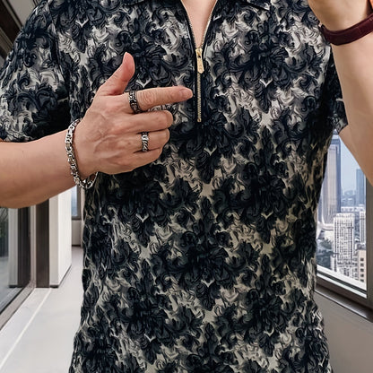 Men's Short Sleeve Shirt with Zipper Front - Black & White Floral Print Summer Casual T-Shirt, Breathable Stand Collar, Regular Fit for Casual Attire, Easy Care Fabric