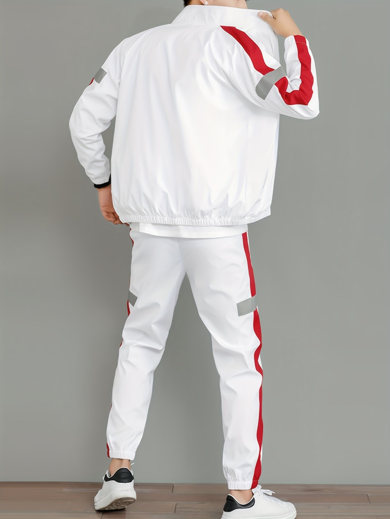 Men's Casual Sportswear Set - Black and White Striped Zip-Up Jacket with Reflective Accents & Matching Joggers, Polyester, Machine Washable, Ideal for Spring & Fall, Jogging Pants