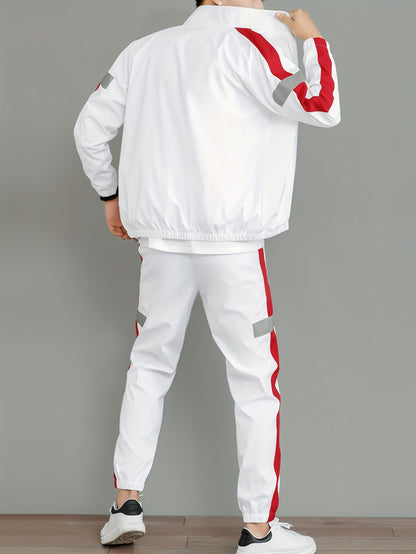 Men's Casual Sportswear Set - Black and White Striped Zip-Up Jacket with Reflective Accents & Matching Joggers, Polyester, Machine Washable, Ideal for Spring & Fall, Jogging Pants