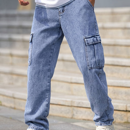 Men's Multi-Pocket Cargo Jeans - Casual Loose Fit Denim with Flap Pockets, Durable Cotton Blend, Ideal for All Seasons, Casual Wear Pants | Classic Blue Jeans | Cotton Blend Jeans