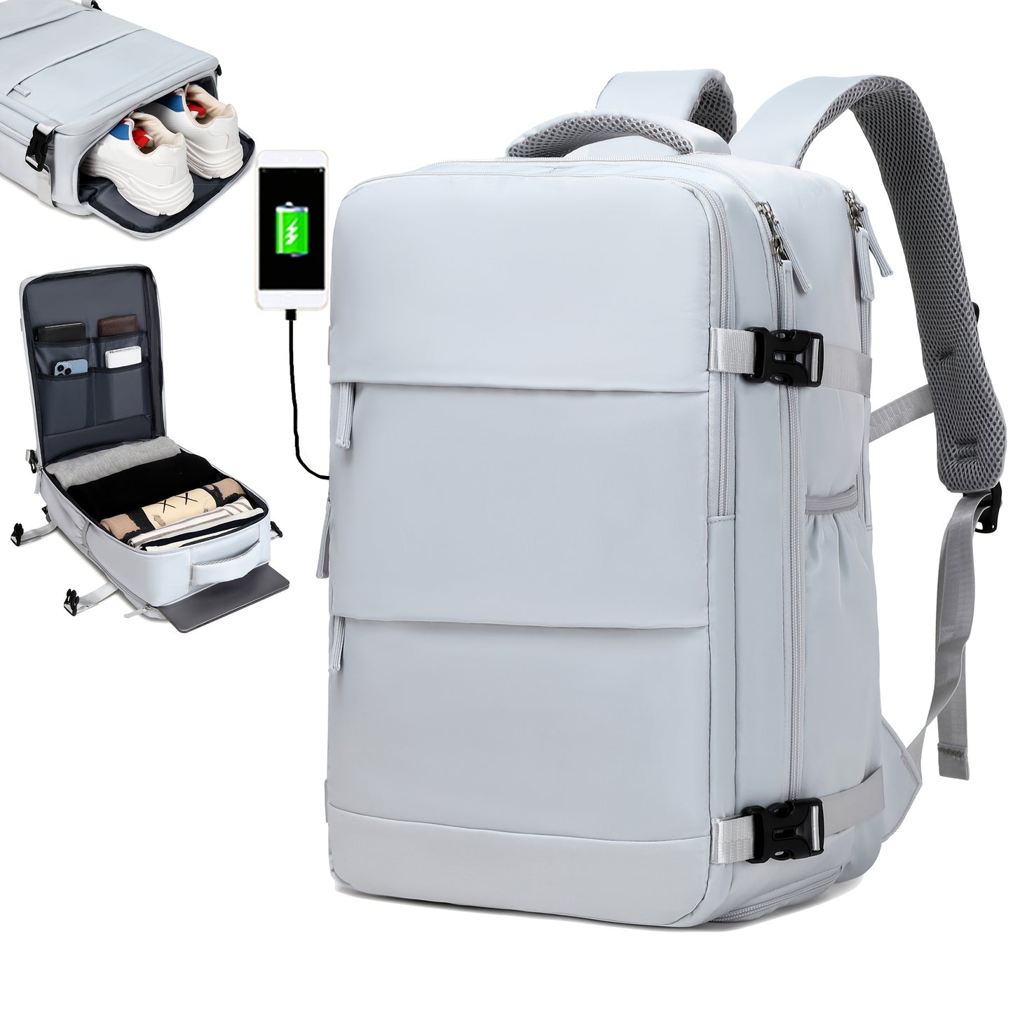 Large Capacity Women'S Travel Backpack with Shoe Compartment, Flight Approved Carry-On, Business Laptop Bag, Polyester Lined, Adjustable Strap, Zipper Closure, Solid White, USB Powered