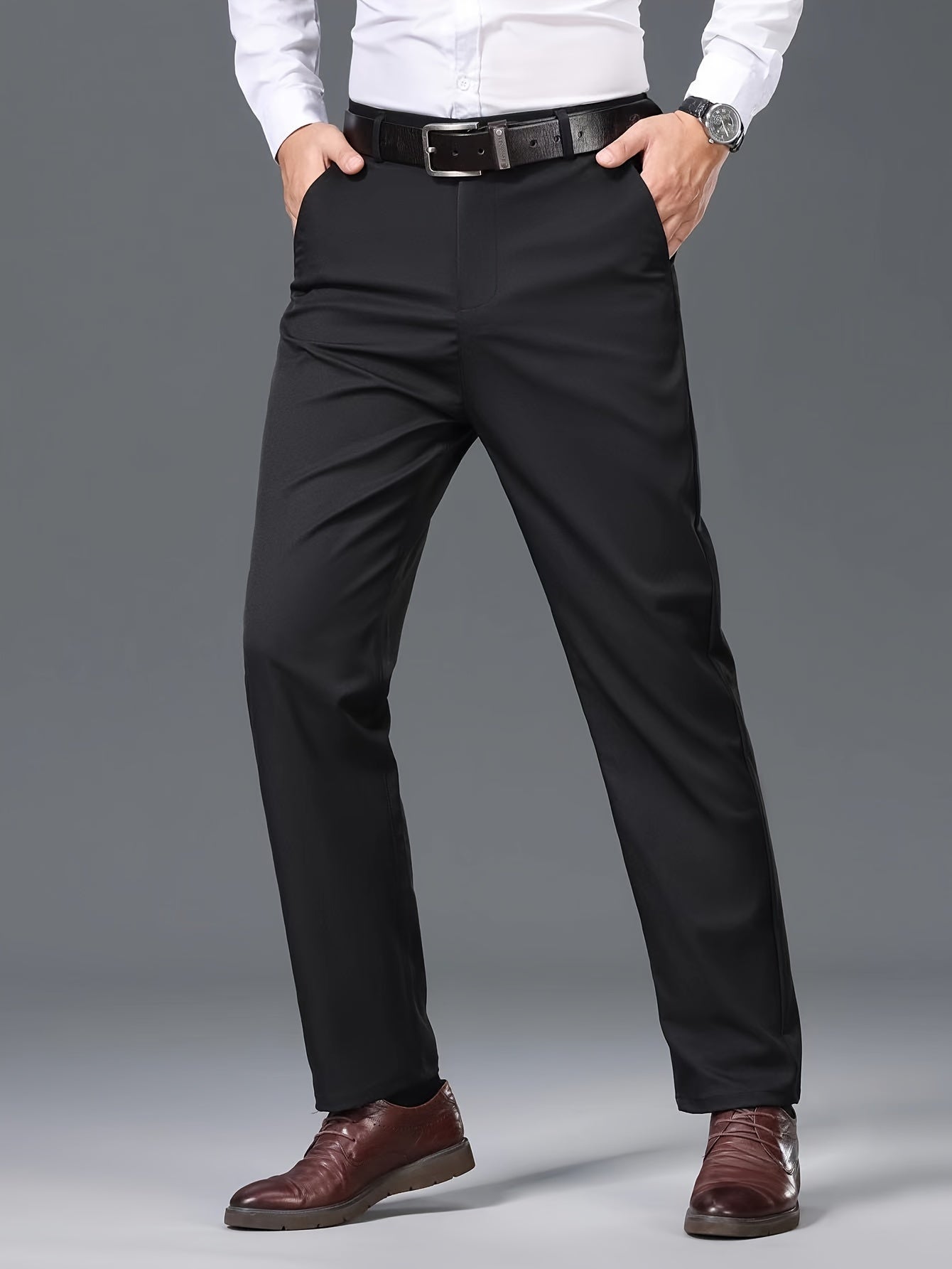 1pc Men'S Spring/Fall Light Business Casual Straight Leg Pants, 100% Polyester, Solid Color, Slight Stretch, Mid Waist, Regular Fit, Zipper Fly, Woven, No Lining - Versatile for Work and Casual Occasions