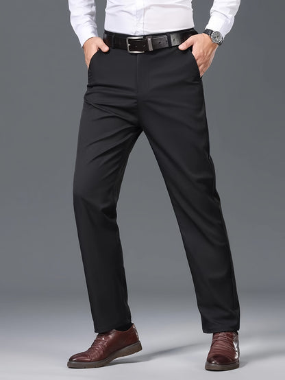 1pc Men'S Spring/Fall Light Business Casual Straight Leg Pants, 100% Polyester, Solid Color, Slight Stretch, Mid Waist, Regular Fit, Zipper Fly, Woven, No Lining - Versatile for Work and Casual Occasions