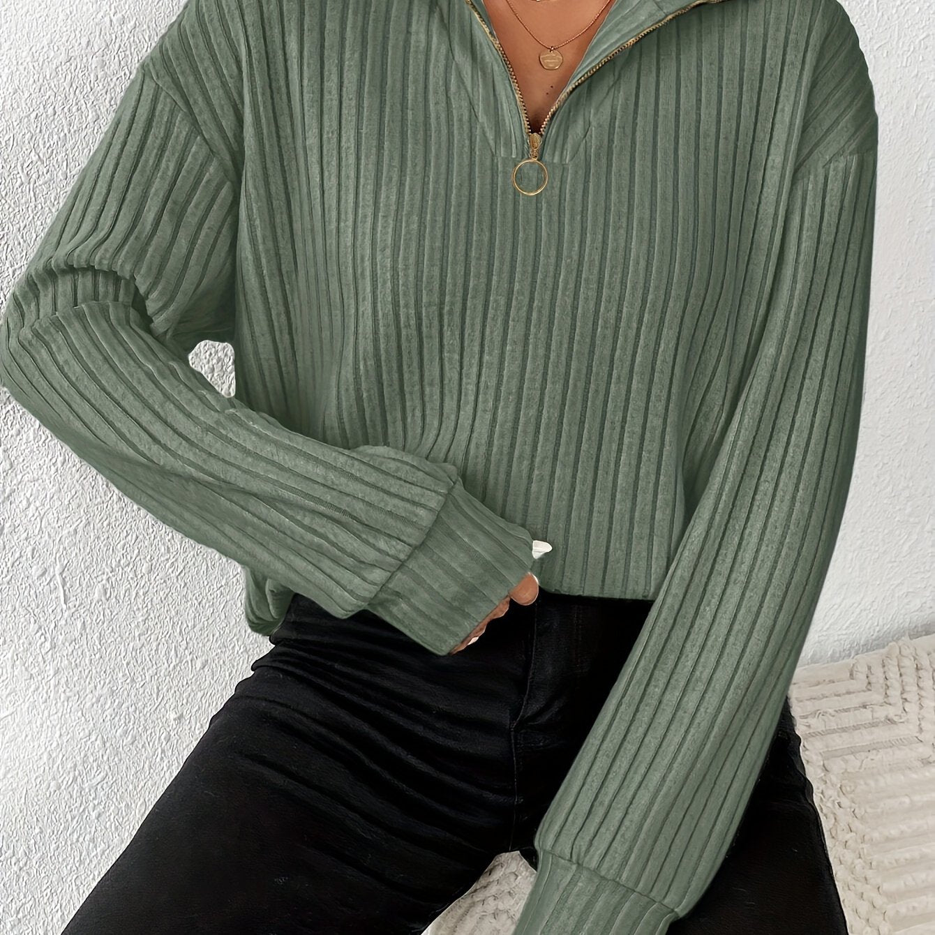 [Everyday Elegance] Women's Elegant Ribbed Knit Collared T-Shirt - Black, Long Sleeve, Zip-Up Design, Soft Polyester Blend, Machine Washable, Perfect for Spring & Fall, Ladies T Shirts