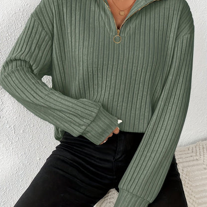 [Everyday Elegance] Women's Elegant Ribbed Knit Collared T-Shirt - Black, Long Sleeve, Zip-Up Design, Soft Polyester Blend, Machine Washable, Perfect for Spring & Fall, Ladies T Shirts