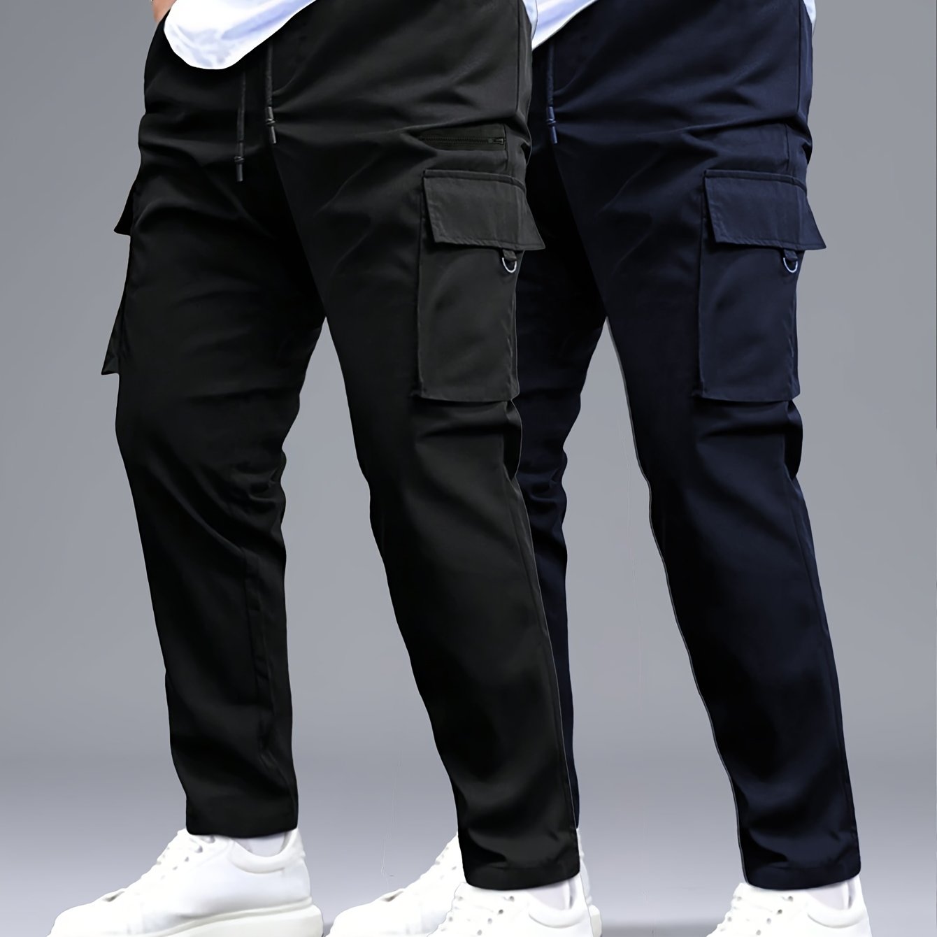2pcs Men's Cargo Pants, Black & Gray with Drawstring Waist and Multiple Pockets, Durable Polyester, Ideal for Outdoor Activities and Casual Wear, Casual Wear Pants | Multiple Pocket Design | Durable Fabric Pants
