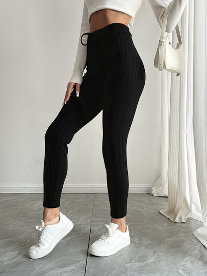High-Waisted Drawstring Skinny Knitted Pants For Everyday Wear - Solid Color Women's Casual Clothing