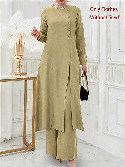 Ramadan, Women's Front-Button Long Sleeve Slit Dress & Pants Casual Arabic Style 2pcs Set, Only Clothes, Without Headscarf