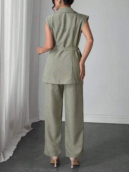 Stylish Women's Elegant Modern Side-Tie Design Two-Piece Spring/Summer Solid Color Sleeveless Jacket and Pants Set