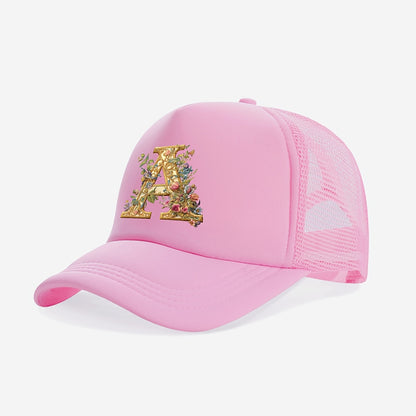 1-Pack Youngsters Trucker Hat with Golden Floral Letter A Design - Breathable Sun Protection, 100% Polyester, Adjustable Snap Closure, Pink for Spring/Summer Outdoor Play, Back to School, Thanksgiving, Teacher's Day (Ages 3-1