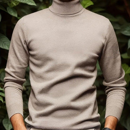 Men's Sleek Light Blue Turtleneck Sweater - Casual Knit Pullover with Ribbed Cuffs, Long Sleeves for Fall/Winter, Soft Viscose Blend