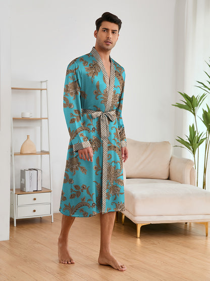 Men's Sleep Robe, Elegant And Light Luxury Pajamas Set, Stylish Gorgeous Floral Print, V-neck Long Sleeve Sleep Robe And Shorts, Sleep Wear Robe Set For Home Wear
