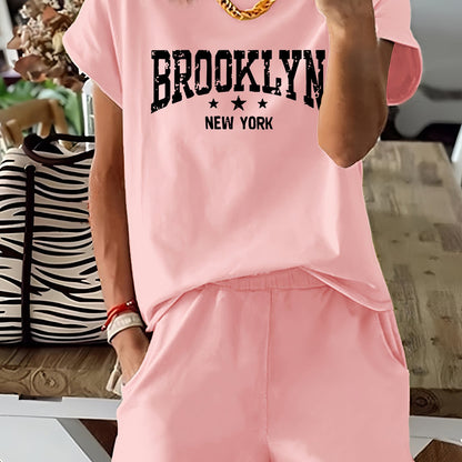 Brooklyn Letter Print Casual T-Shirt & Shorts Set for Women - Stretchy Polyester Blend, Machine Washable