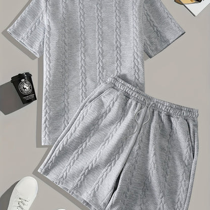 Men'S Casual Short Sleeve T-Shirt and Shorts Set - Knit, Light Gray, Two-Piece, All-Season Comfort, Drawstring Waist, Casual Style, Allseason Comfortwear | Casual Style Set | Knit Texture, Thick