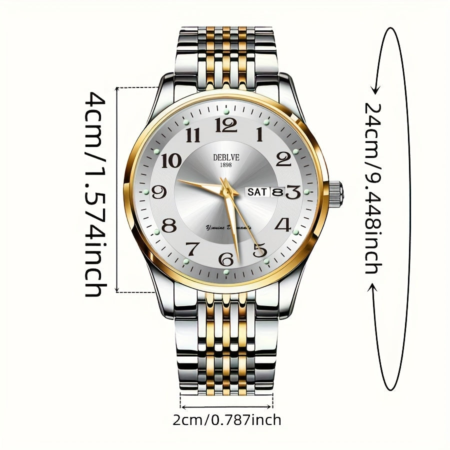 1pc DEBLOVE Men'S Stainless Steel Watch with Red Dial - Date, Calendar, Luminescent Hands & Markers, Quartz Movement, Business Casual Style, Perfect for Travel, Work, and Birthdays, Birthdays Gift|Elegant Watch Design|Quartz