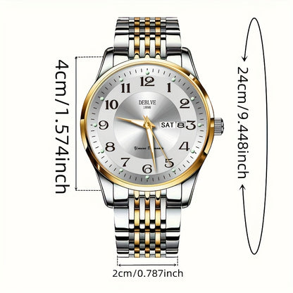 1pc DEBLOVE Men'S Stainless Steel Watch with Red Dial - Date, Calendar, Luminescent Hands & Markers, Quartz Movement, Business Casual Style, Perfect for Travel, Work, and Birthdays, Birthdays Gift|Elegant Watch Design|Quartz