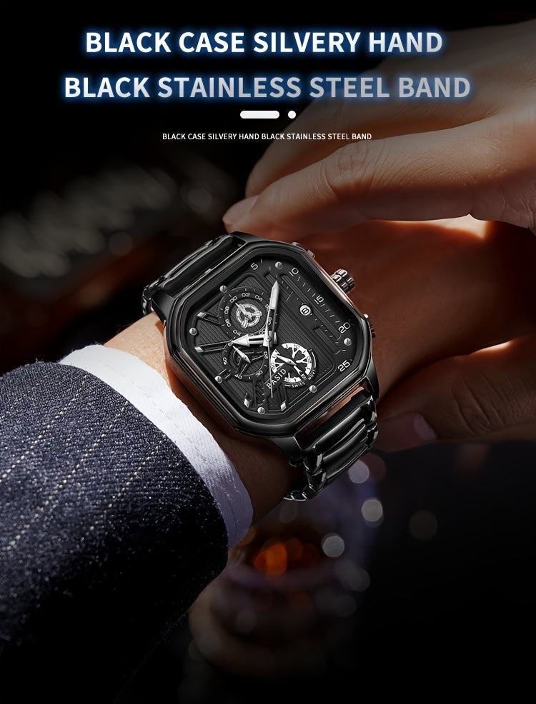 BASID Men's Elegant Square Analog Quartz Watch with Date Display & Stopwatch - Stainless Steel Strap, Black Dial - Casual & Dress Watch for Men, Unique Gift Idea, Versatile Wristwatch, Sleek Watch Design, Polished Finish