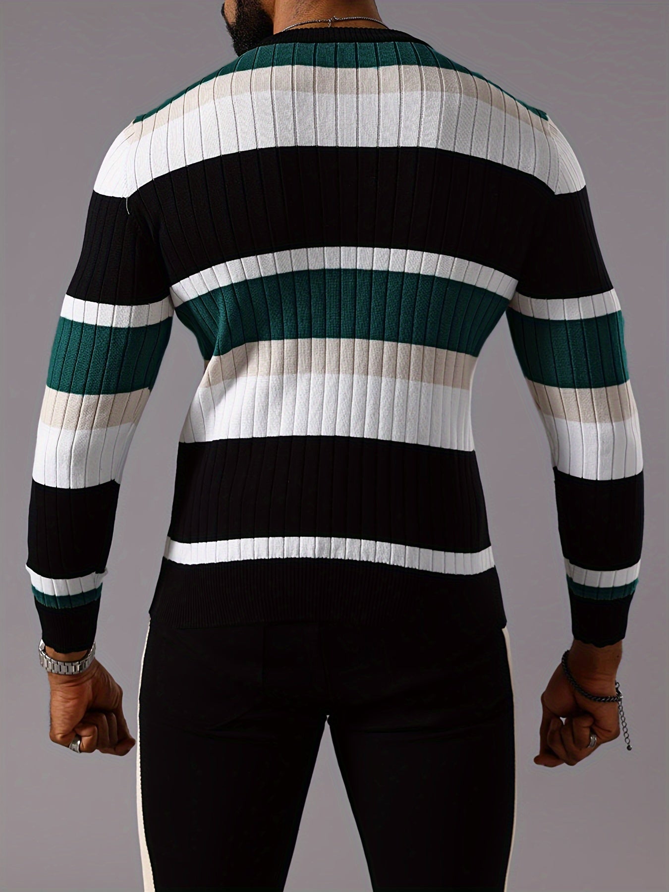 Men's Striped Color-Block Ribbed Knit Sweater - Long Sleeve Round Neck Pullover with Elastic Comfort Fit, Machine Washable Casual Fall Winter Top in Black/White/Green/Beige, Knit Sweater, Medium Elasticity