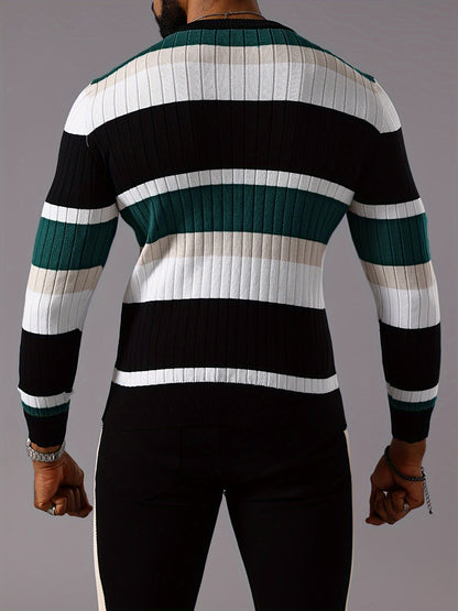 Men's Striped Color-Block Ribbed Knit Sweater - Long Sleeve Round Neck Pullover with Elastic Comfort Fit, Machine Washable Casual Fall Winter Top in Black/White/Green/Beige, Knit Sweater, Medium Elasticity