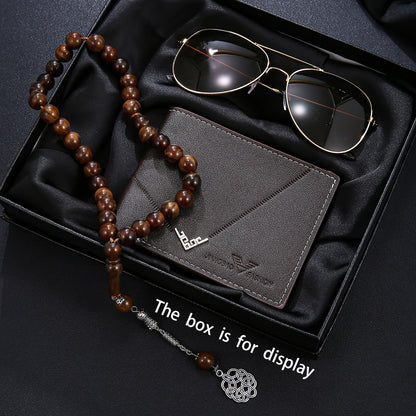 3pcs Men's Business Premium Gift Set: A professional wallet exudes sophistication, agarwood beads enhance workplace wisdom, and high-definition glasses ensure clear vision. The complete set showcases elegance for business gif