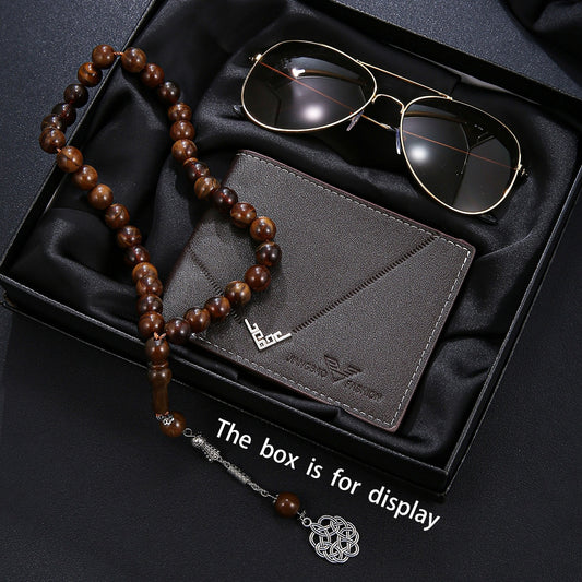 3pcs Men's Business Premium Gift Set: A professional wallet exudes sophistication, agarwood beads enhance workplace wisdom, and high-definition glasses ensure clear vision. The complete set showcases elegance for business gif