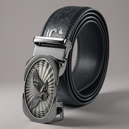 Men's Black Leather Belt with Automatic Buckle - Embossed Eagle Design Business Casual Belt for Office & Formal Occasions, Durable Gift for Father's Day & Business Partners, Sophisticated Detailing