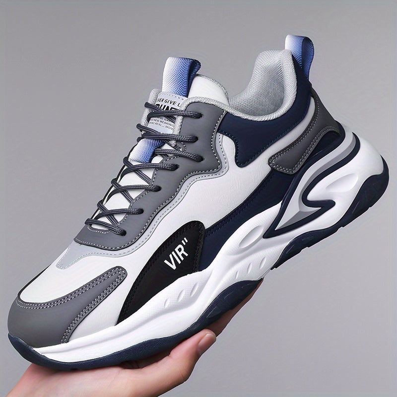 Men's Stylish Color-Block Sneakers - Black & Gray with White Accents, Comfortable All-Day Wear, Durable Rubber Sole, Lace-Up Design, Trendy Low-Top Style for Casual or Athletic Use, Casual Sneakers | Fashion Sneakers | Pu Mat