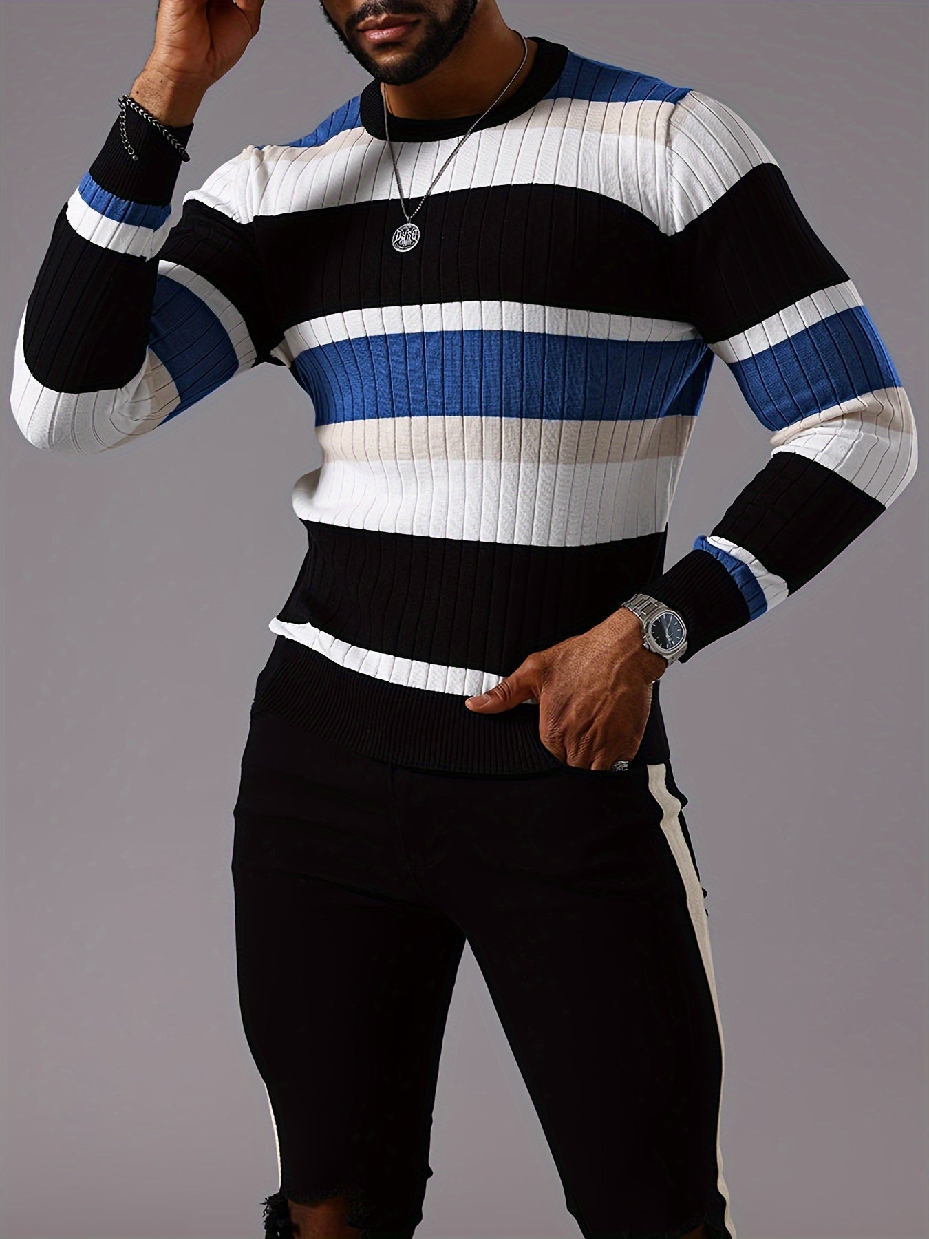 Men's Striped Color-Block Ribbed Knit Sweater - Long Sleeve Round Neck Pullover with Elastic Comfort Fit, Machine Washable Casual Fall Winter Top in Black/White/Green/Beige, Knit Sweater, Medium Elasticity
