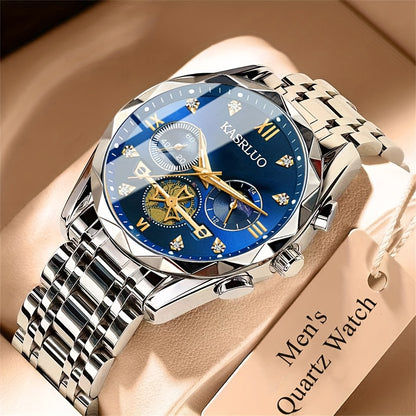 1pc Men'S Stainless Steel Quartz Watch with IPX7, Luminous Display, Rhinestone Accents, Scratch-Resistant Dial, Date Window & Chronograph Function - Stylish Casual Timepiece for Casual Attire, Everyday Timepiece | Luminous Wa