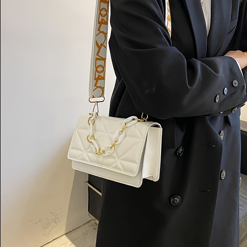 Retro Shoulder Bag, Fashionable Wide Strap Crossbody Bag, Western Style Chain Small Bag, Casual Women'S Sling Bag (White/Black/Pink/Brown)