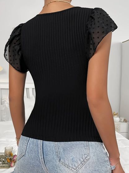 Women's V-Neck Lace Sleeve Top - Middle Eastern-Inspired Breathable Stretchy T-Shirt, Solid Blue Machine Washable Spring/Summer Casual & Formal Wear, Summer Outfit, Feminine Style, Comfortable Fit, Stylish Blouse, Summer Ward
