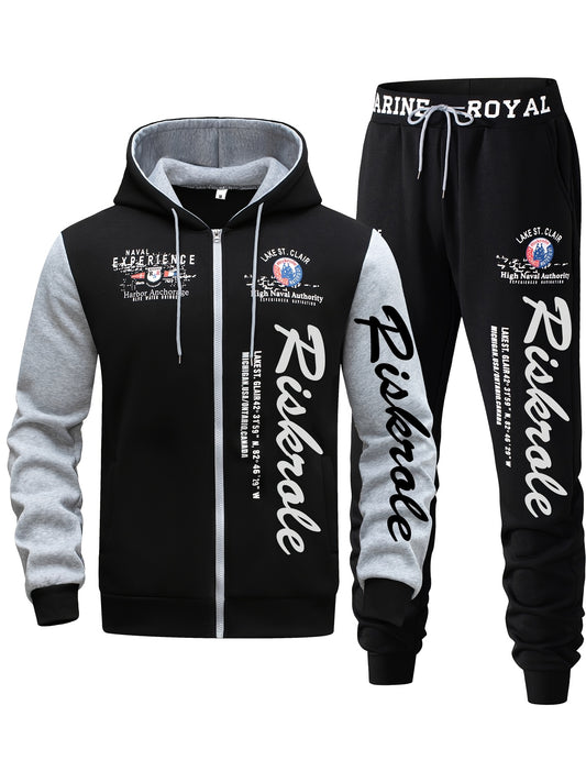 Men's Hooded Letter Print Tracksuit, 2pcs Casual Sports Set, Fashion Hoodie With Full-zip And Elastic-waist Pants, Regular Fit, Outdoor Cloth